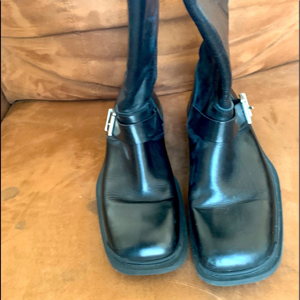 Donald J. Pliner Black Leather Square-Toe Buckle Boots